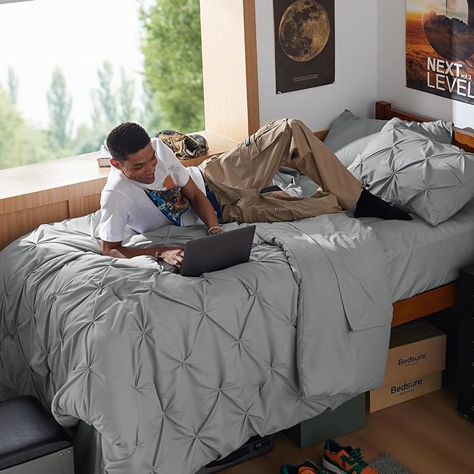 Bedsure Twin XL Comforter Set - Extra Long 5 Pieces Dorm Bedding Sets, Pinch Pleat Grey Bed in a Bag with Comforter, Sheets, Pillowcase & Sham