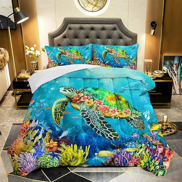 Kids Turtle Rose Comforter Set Full Beach Theme Jellyfish Starfish Bedding Set Sea Animal Reptile Bed Set with 2 Pillowcases for Boys Girls Room Decor
