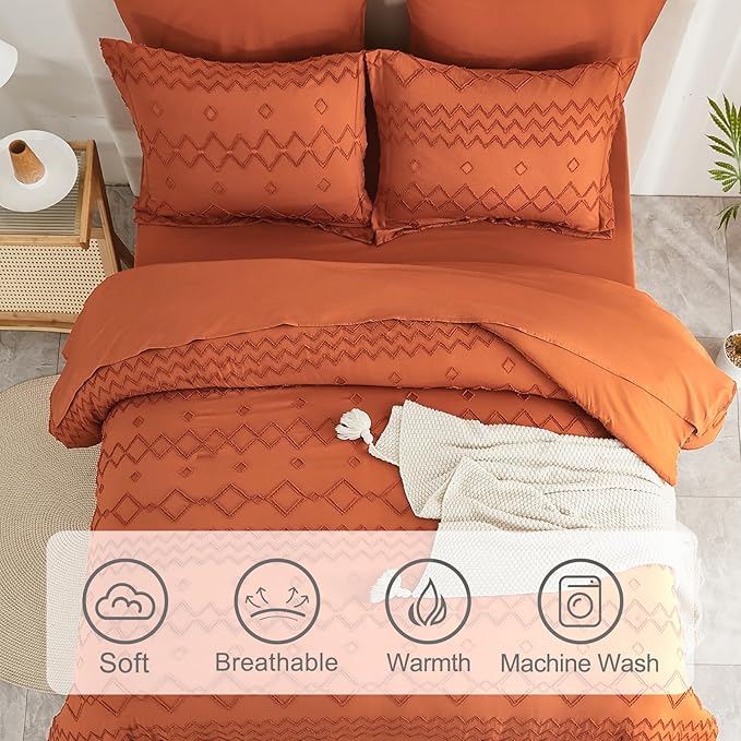 EMME Queen Comforter Set - 7 Pcs Pumpkin Boho Bedding Sets, Full Size Tufted Comforter with Sheets, Shabby Chic Embroidery Queen Bed Set Fluffy Bed Bag for All Season(90"X90")