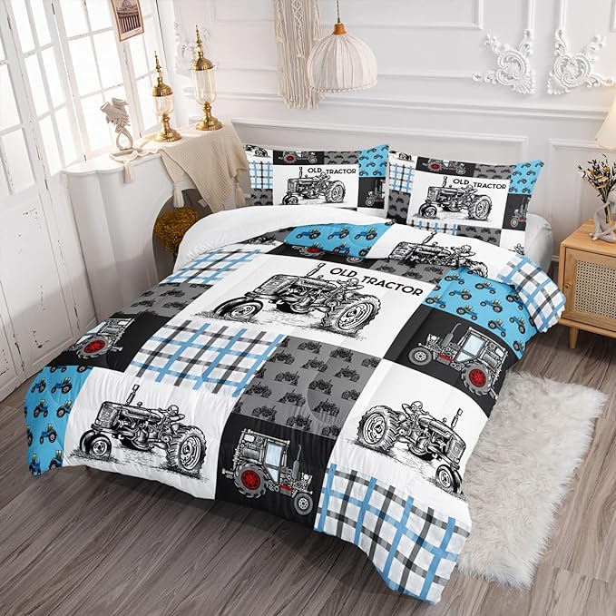 Axolotl Tractor Comforter Set Full Size,Cartoon Truck Car Comforter Set for Boys,Farm Excavator Bedding Set with Old Tractor for Kids Boys Teens Adult All Season,1 Quilt 2 Pillowcases