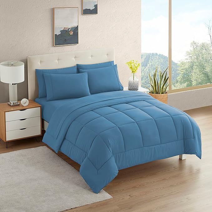 Dorm Room Essentials College Bedding Comforter Set 7 Piece Full Size Bed in a Bag for College Students Boys and Girls, Full, Denim Blue