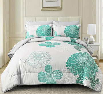 Yiran Grey Aqua Floral Queen Comforter Set Bed in a Bag Soft Microfiber Comforter Bedding Set 90"×90",7 Pieces (1 Comforter,2 Pillowcases,2 Pillow Shams,1 Flat Sheet,1 Fitted Sheet)