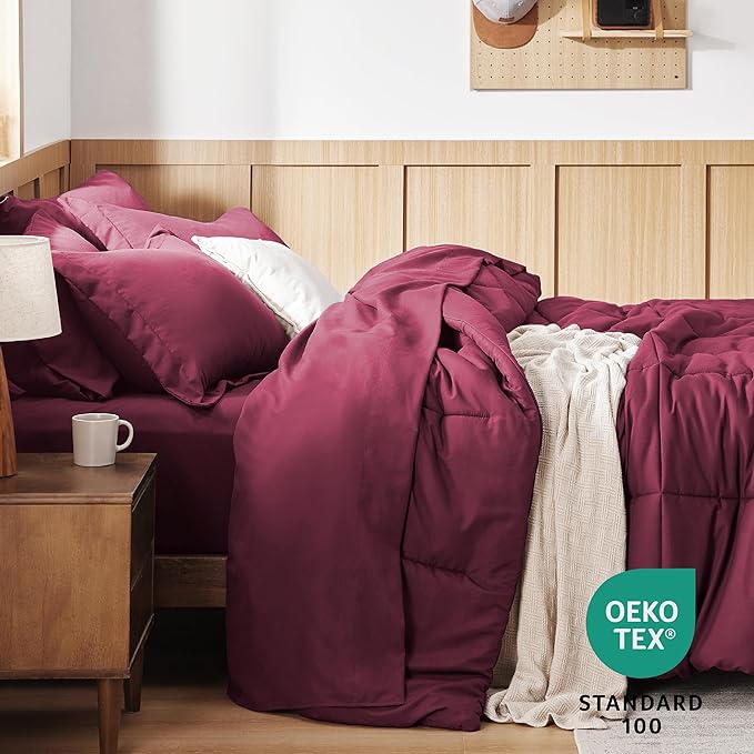 Bedsure Burgundy Full Size Comforter Set - 7 Pieces Solid Full Bed in a Bag, Full Bed Set Burgundy with Comforters, Sheets, Pillowcases & Shams
