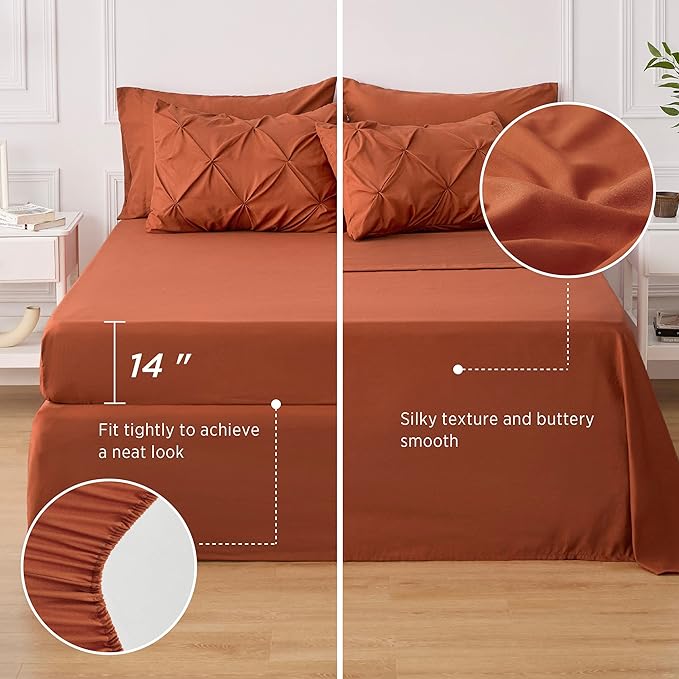 Bedsure Cal King Size Comforter Sets - 7 Pieces Pintuck California Bed Set, Orange in a Bag with Comforter, Sheets, Pillowcases & Shams