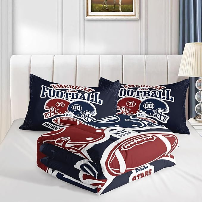 Datura home American Football Comforter Set Vintage Navy American Football Printed Quilt Bedding Set with 1 Comforter and 2 Pillowcases for Boys and Girls Bedroom All Season(Football Navy Full)