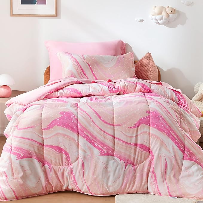 SLEEP ZONE Kids Bedding Comforter Set Full/Queen Size - 7 Pieces Super Cute & Soft Bedding Sets & Collections with Comforter, Sheet, Pillowcase & Sham - Fade Resistant Easy Care (Ice Cream Pink)