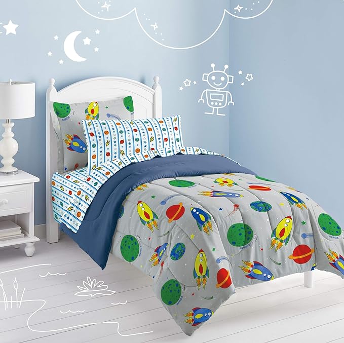 Dream Factory Space Rocket Ultra Soft Microfiber Comforter Set, Multi-Colored, Twin,2A745901MU