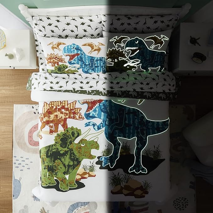 KALEIDOSPACE Gilrs Boys Full Size Bedding Set, 7 Piece Glow in The Dark Dinosaur Bed in A Bag-1 Comforter,2 Pillow Shams, 2 Pillowcases, 1 Flat Sheet, 1 Fitted Sheet
