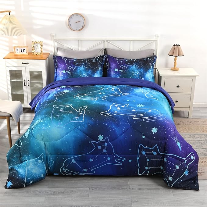 Wowelife 5 Piece Galaxy Space Cat Bedding Comforter Set Queen Constellation Bedding Set Blue Kids Bedding Set Bed in a Bag for Boys and Girls with Comforter, Flat Sheet, Fitted Sheet and 2 Pillowcases