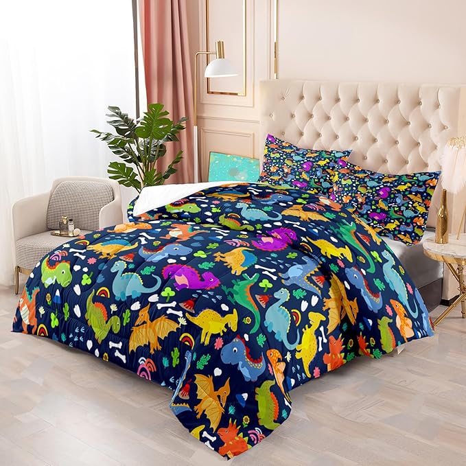 Dinosaur Full Size Bedding Set - Cartoon Dinosaur Full Size Comforter Sets for Boys Soft Breathable Blue Dino Quilt Kids Comforter Set Decor for Boys Bedroom, 1 Comforter 2 Pillowcase