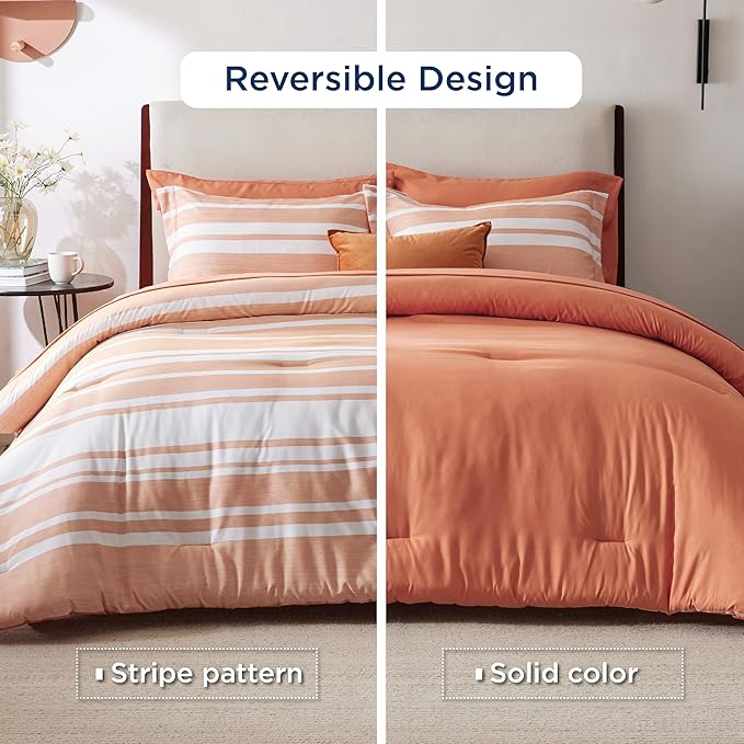 Bedsure Bed in a Bag King Size 7 Pieces, Burnt Orange White Striped Bedding Comforter Sets All Season Bed Set, 2 Pillow Shams, Flat Sheet, Fitted Sheet and 2 Pillowcases
