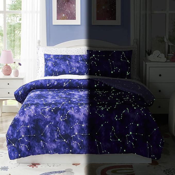 Comforter Set with Bedding - 5 Pieces Twin Bed in a Bag with Comforter, Sheets, Pillowcase & Sham - Glow in The Dark Galaxy