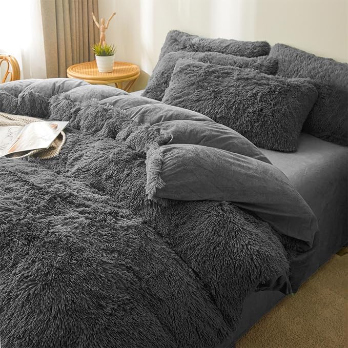 FOPPA Dark grey fluffy Comforter Cover Set king- Ultra Soft fluffy Dark grey Bedding Sets 3 Pieces (1 Duvet Cover + 2 Pillow case) Dark grey fluffy bed set (Dark Grey, King)