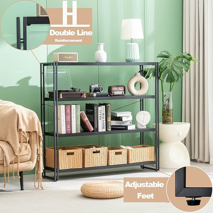 HCHQHS Bookshelf, 4-Tier Industrial Bookcase, Black Open Book Shelf, Freestanding Tall Bookshelves with Metal Frame
