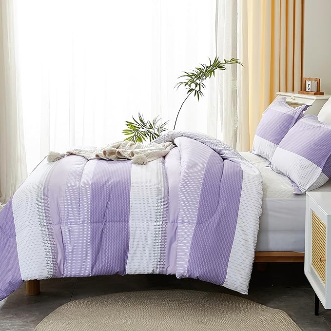 Litanika Lavender Comforter Set Twin/Twin XL - 2 Pieces Lightweight Lavender Purple White Colorblock Stripe Fluffy Bedding Comforter Sets, All Season Bed Set