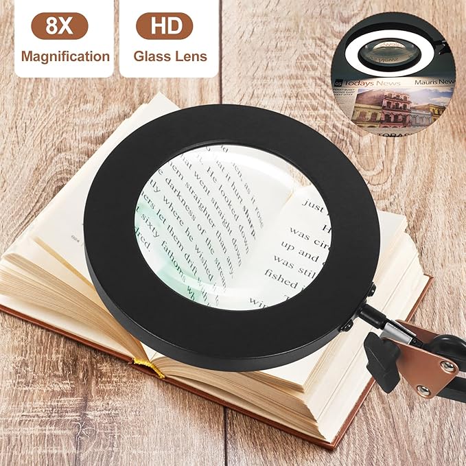 Magnifying Glass with Light, 5 Color Modes Stepless Dimmable 2-in-1 Desktop Lamp and Clamp, LED Lighted Magnifier with Light and Stand, Hands Free for Craft Repair Hobby Painting Close Work