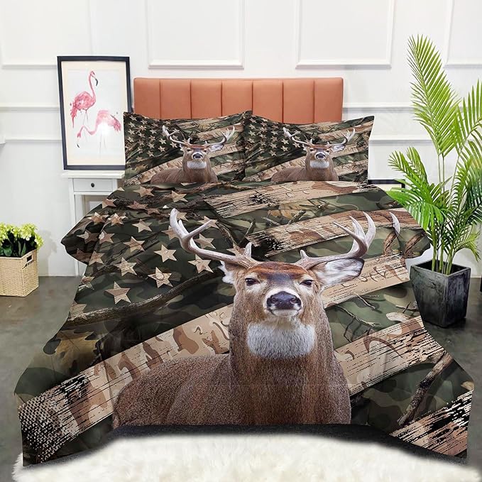 NINENINE Deer Bedding Western Comforter Sets Queen Size Bedding Sets for Boys Camo Bedding Wildlife Forest Comforter Hunting Bed Sets with 1 Comforter 2 Pillowcases