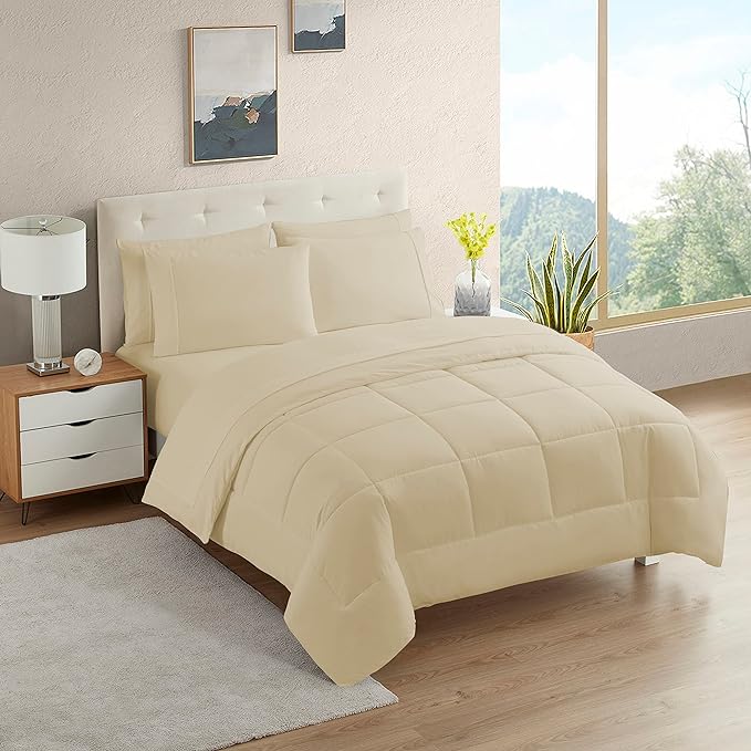 Dorm Room Essentials College Bedding Comforter Set 7 Piece Full Size Bed in a Bag for College Students Boys and Girls, Full, Cream/Beige