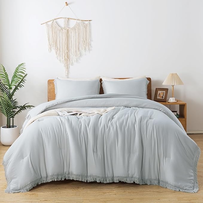 Andency Light Grey Comforter Set Queen, 3 Pieces Boho Tassel Lightweight Bedding Comforter Sets, All Season Soft Fluffy Fringe Bed Set (90x90In Comforter & 2 Pillowcases)