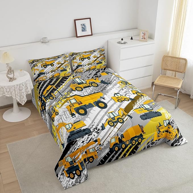 Boys Construction Comforter Set Truck Bedroom Decor for Kids Girls Under Construction Vehicles Down Comforter Toddler Child Cartoon Machinery Truck Excavator Bedding Tractor Cars Duvet Quilt,Queen