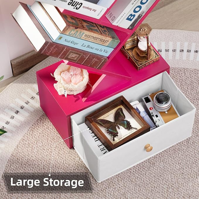 8 Tier Tree Bookshelf with Drawer, Free Standing Wood Bookcase for Narrow Space, Storage Organizer Bookshelves for Books, Book Case for Home Office, Living Room, Bedroom - Pink