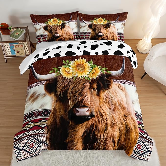 HOSIMA Highland Cow Decor Comforter with 2 Pillowcases,Animal Theme Western Bedding Sets,Brown Cowhide Black White Cow Print Comforter Set for Adults Kids,Sunflower Full Size Comforter.