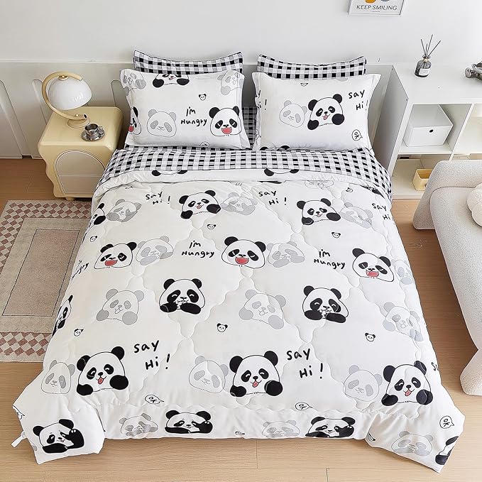 7 Piece Kids Panda Comforter Set Full Size - Black White Cute Panda Bedding Set Bed in A Bag for Girls Boys Teens - Soft Comfortable Machine Washable Bed Set