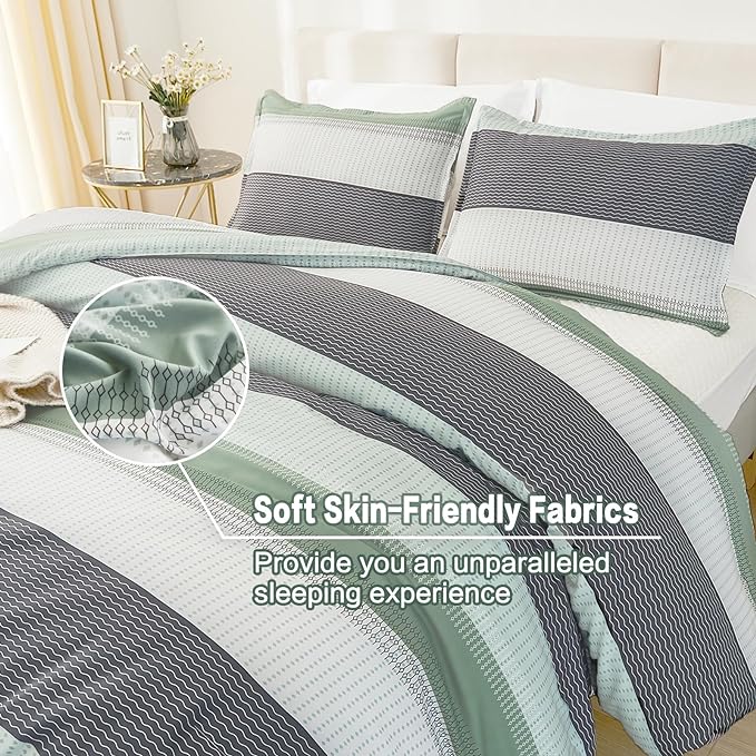 Litanika Queen Comforter Set Sage Green - 3 Pieces Lightweight Bedding Comforter Sets, Light Green White Colorblock Stripe Fluffy Bed Set, All Season Down Alternative
