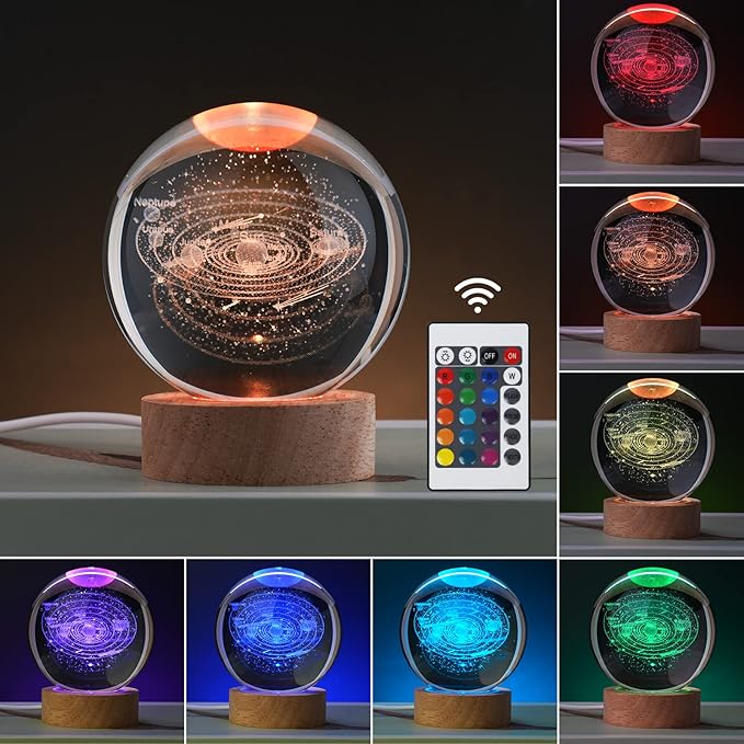 Large 3D Solar System Crystal Ball, Crystal Lamp 16 Color Changing Night Light with Remote Control for Bedroom Decor, Birthday Gift for Teens Boys and Girls, Solar System Model