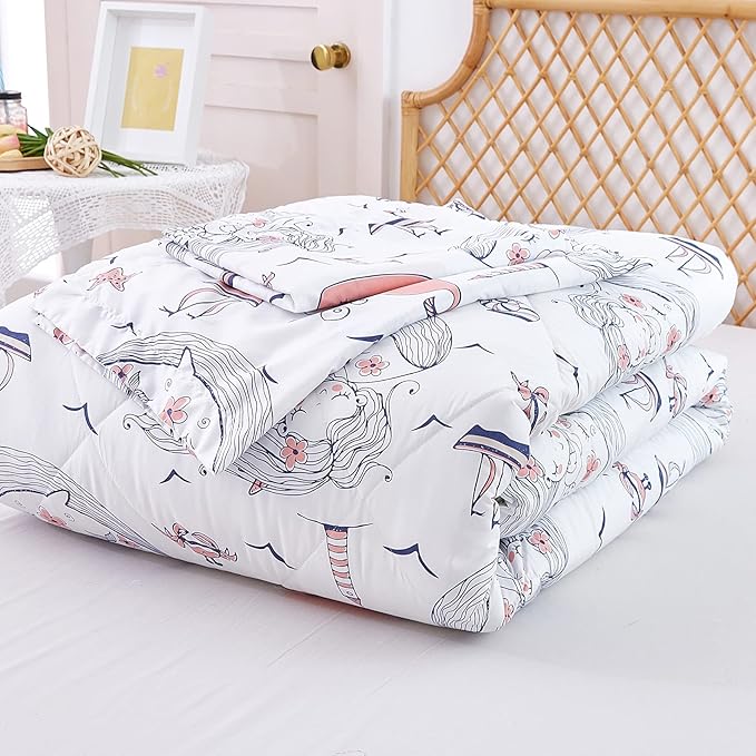 JSD Girls Mermaid Twin Comforter Set for Girls, 2 Piece Kids Printed Comforter with Pillow Sham, Soft Comfortable Machine Washable