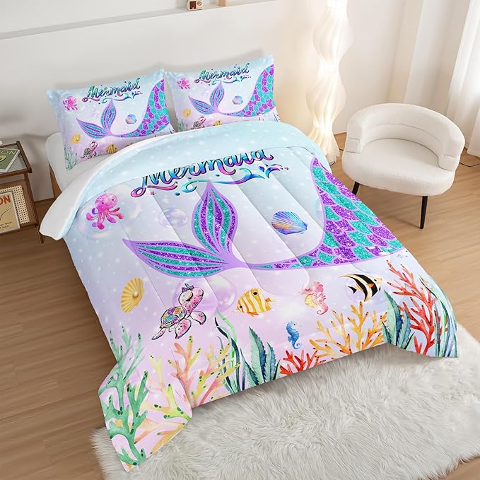HOSIMA Mermaid Tail Comforter Set for Kids Girls Teens Bedroom Decor,Cartoon Scallop Sea Turtle Sea Horses Octopus Kawaii Bedding Set Mermaid Fish Scale Comforter,Ocean Full Size Bed in a Bag Set.