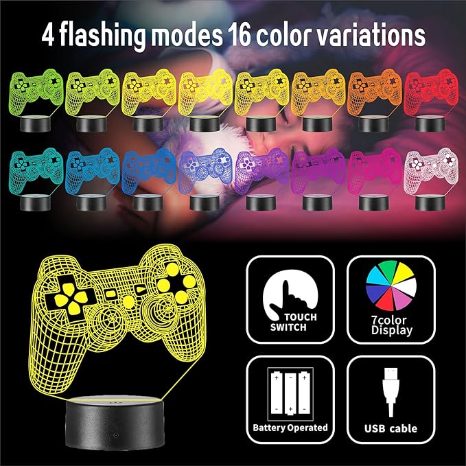 3D Gamepad Night Light,Game Console Illusion lamp with Remote,16 Colors Changing with Remote,Gaming Room Decor Best Gamer Gift,Christmas Birthday Gifts for Boys Girls