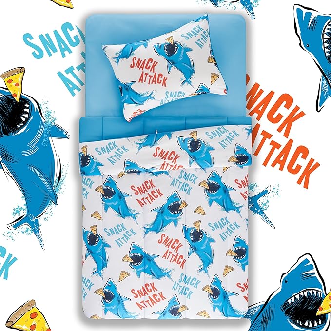 SLEEP ZONE Jersey Knit 3-Piece Full/Queen Size Comforter Set, Lightweight Kids Bedding Sets for All Seasons, Fluffy Soft, Easy Care (Sharks, Full/Queen)