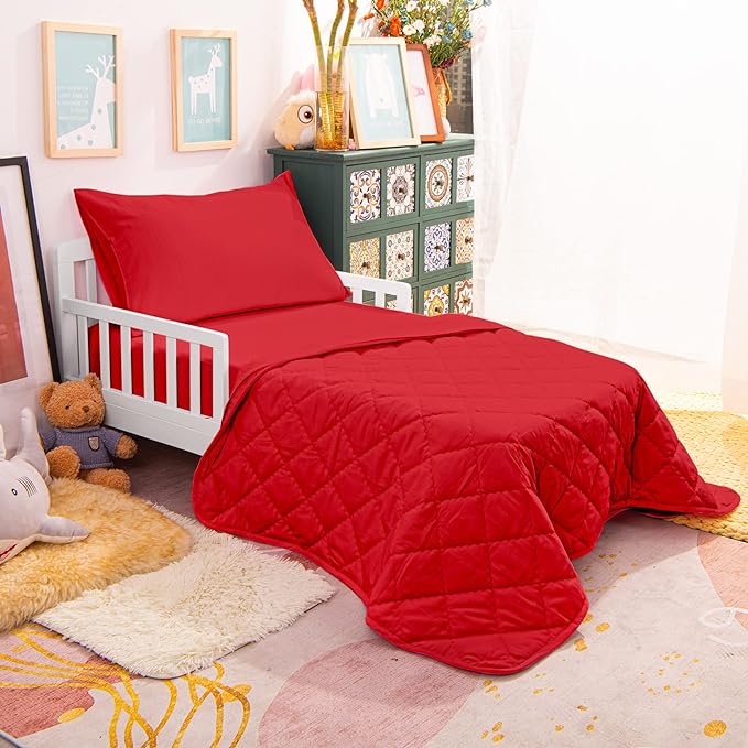 NTBAY Toddler Bedding Set - 4 Piece Soft and Breathable Crib Bedding Set for Boys and Girls, Includes Quilted Comforter, Fitted Sheet, Flat Top Sheet and Envelope Pillowcase, Wine Red
