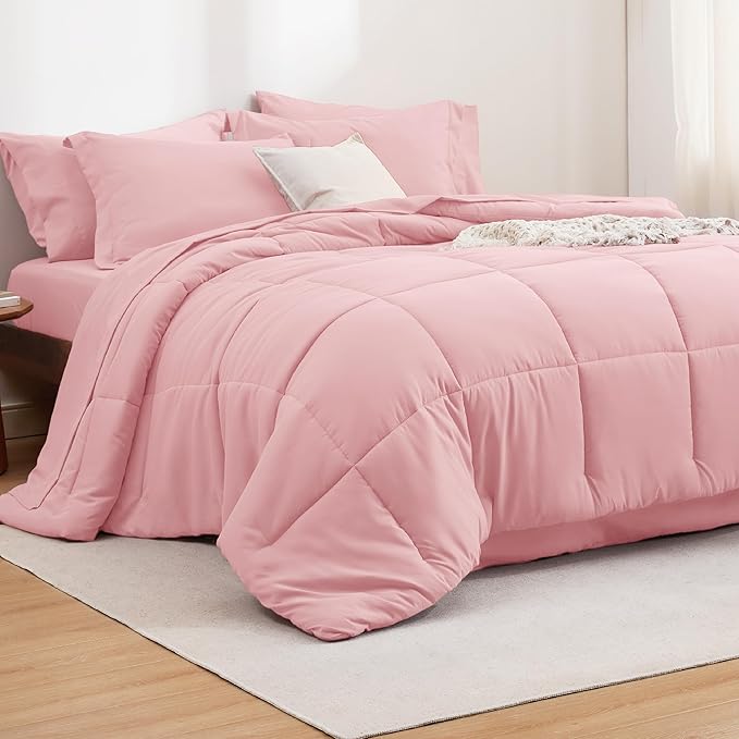Bedsure Pink King Size Comforter Set - 7 Pieces Solid King Bed in a Bag, King Bed Set Pink with Comforters, Sheets, Pillowcases & Shams