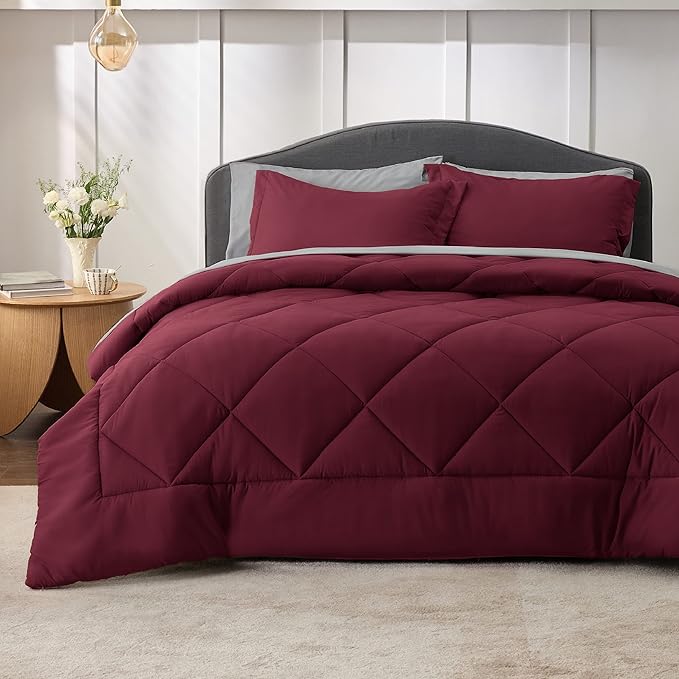 Bedsure Burgundy 7 Piece Reversible Comforter Set - Bed in a Bag with Comforters, Sheets, Pillowcases & Shams