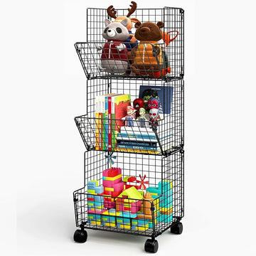 3 Tier Metal Wire Baskets - Toy Organizer Basket Shelf with Wheel, S-Hooks, Rolling Cart Hanging Storage Baskets for Child Room, Playroom, Bedroom, Kitchen (Black)