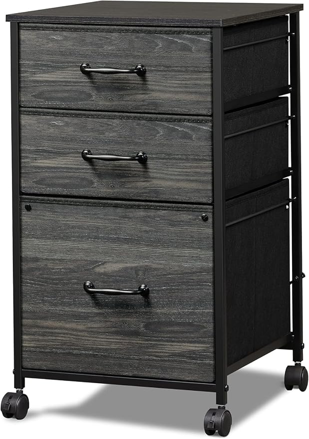 DEVAISE Mobile File Cabinet, Rolling Printer Stand with 3 Drawers, Fabric Vertical Filing Cabinet fits A4 or Letter Size for Home Office, Charcoal Black Wood Grain Print