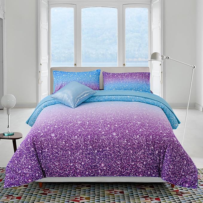 A Nice Night Girls Comforter Set Twin Size 6 Piece Bed in A Bag 3D Colorful Sparkle Galaxy Rainbow Bedding Comforter Sheet Sets for Kids,BluePurple