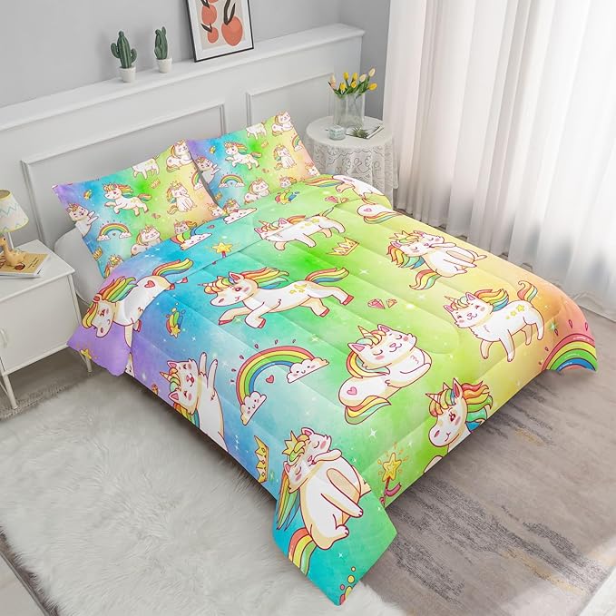 Datura home Kids Unicorn Comforter Set for Girls Boys,Kawaii Rainbow Unicorn Printed Pattern Rainbow Kawaii Bedding Set with 2 Pillowcases(Rainbow Unicorn Full)
