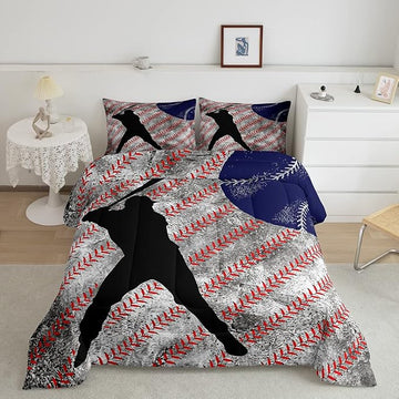 Erosebridal Baseball Comforter Set Queen for Boys Teen Baseball Athlete Bedding Set Kids Ball Games Sports Bed Comforter Sets Sport Baseball Quilt Duvet 2 Pillow Cases Retro Red Dark Blue White