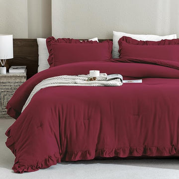 Andency Burgundy Comforter Set King, 3 Pieces Farmhouse Shabby Chic Ruffle Comforter, Lightweight Fluffy Soft Microfiber All Season Solid Bed Comforter Set (1 Ruffle Comforter & 2 Pillowcases)