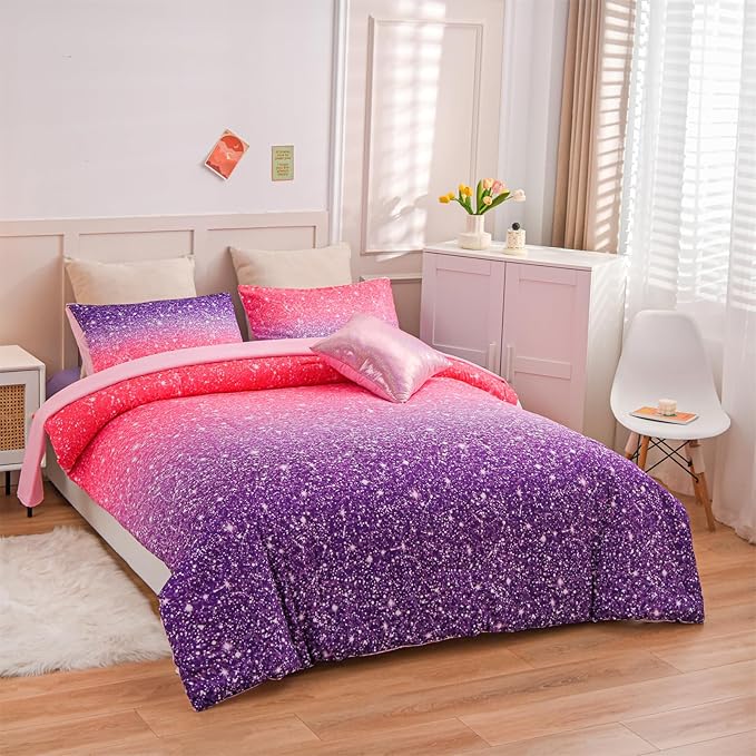 A Nice Night Girls Comforter Set Full 6 Piece Bed in A Bag 3D Colorful Sparkle Galaxy Rainbow Bedding Comforter Sheet Sets for Kids,RedPurple