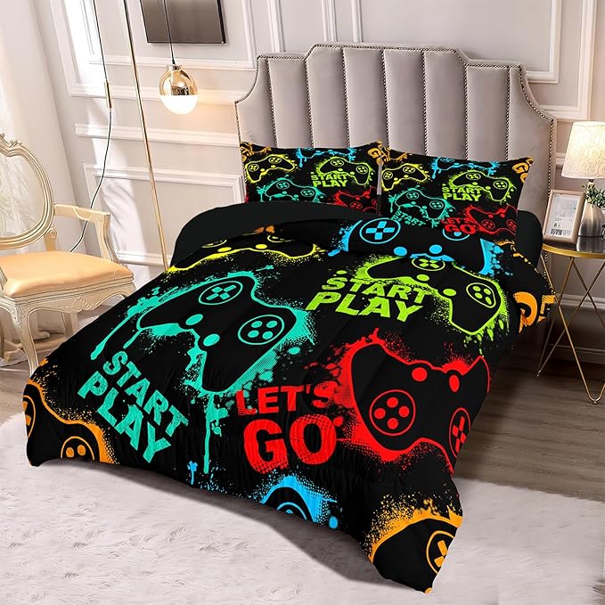 Kids Comforter Bedding Set Twin Size, 3 Piece Super Soft Breathable Print Kids Bedding Sets for Boys, Machine Washable Durable Comforter Set with Comforter and 2 Pillowcases (Twin, GamePad)
