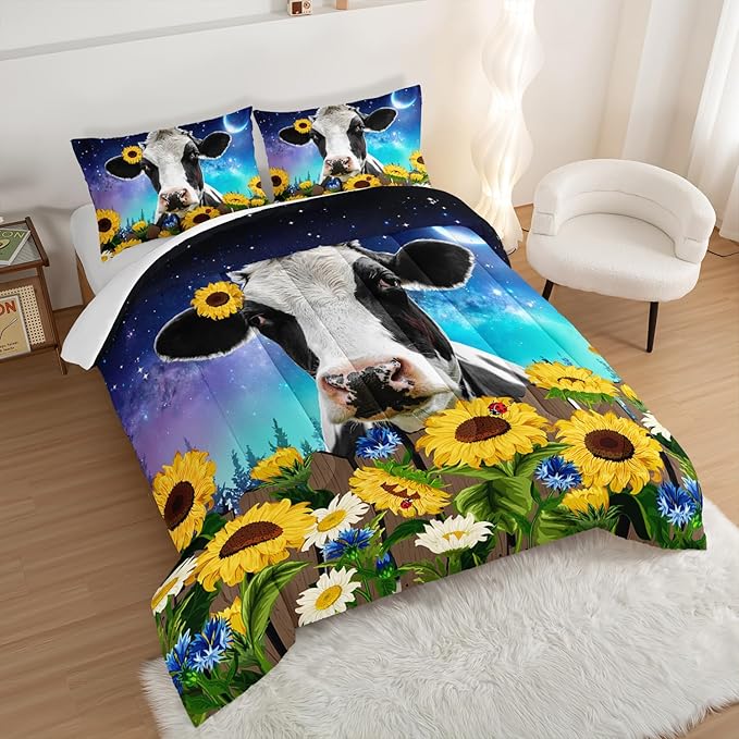 HOSIMA Cow Print Comforter Set with 2 Pillowcases,Farm Animal Theme Comforter Western Bedding Set Queen Size for Adults Teens Kids,Farm Starry Sky Toddler Comforter Sunflower Bedding Set.