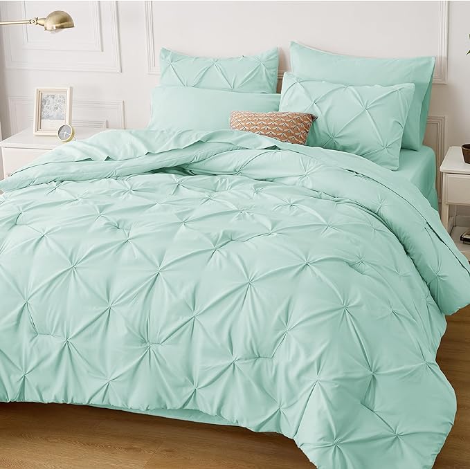 Bedsure Twin XL Comforter Set - Extra Long 5 Pieces Dorm Room Essentials, Pinch Pleat Mint Green Bed in a Bag with Comforter, Sheets, Pillowcase & Sham, Kids Bedding Set