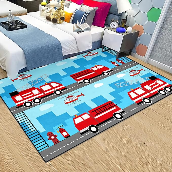 Car Rug Play Mat Car Rug Play Mat Car Rug for Boys Room Fire Fighting Truck Red Car Printed Rug Play Rug for Cars and Trucks Play Rugs for Kids Rooms,Light Blue 3'×5'