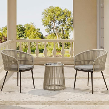 EAST OAK 3-Piece Patio Bistro Set, Patio Conversation Bistro Set with 2 Wide Ergonomic Chairs, Cushions & Glass Top Side Table, Outdoor All-Weather Wicker Furniture for Porch, Backyard, Brown & Grey
