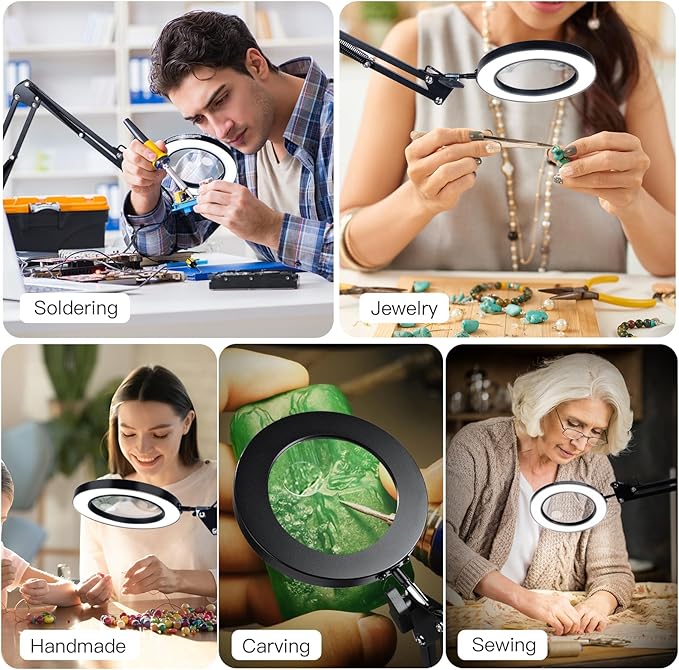 Magnifying Glass with Light and Stand, 3-in-1 Gooseneck Arms 3 Color Modes Stepless Dimmable, 10x&5X LED Desktop Magnifier with light Hands Free for Workbench Reading Crafts Painting Hobby Close Work