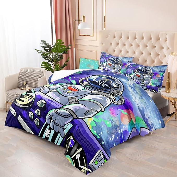Outer Space Astronaut Full Comforter Sets for Teens Boys Galaxy Astronaut Space Bedding Themed Bedroom Decor Kids Comforter Sets Boys Room, 1 Comforter 2 Pillowcases